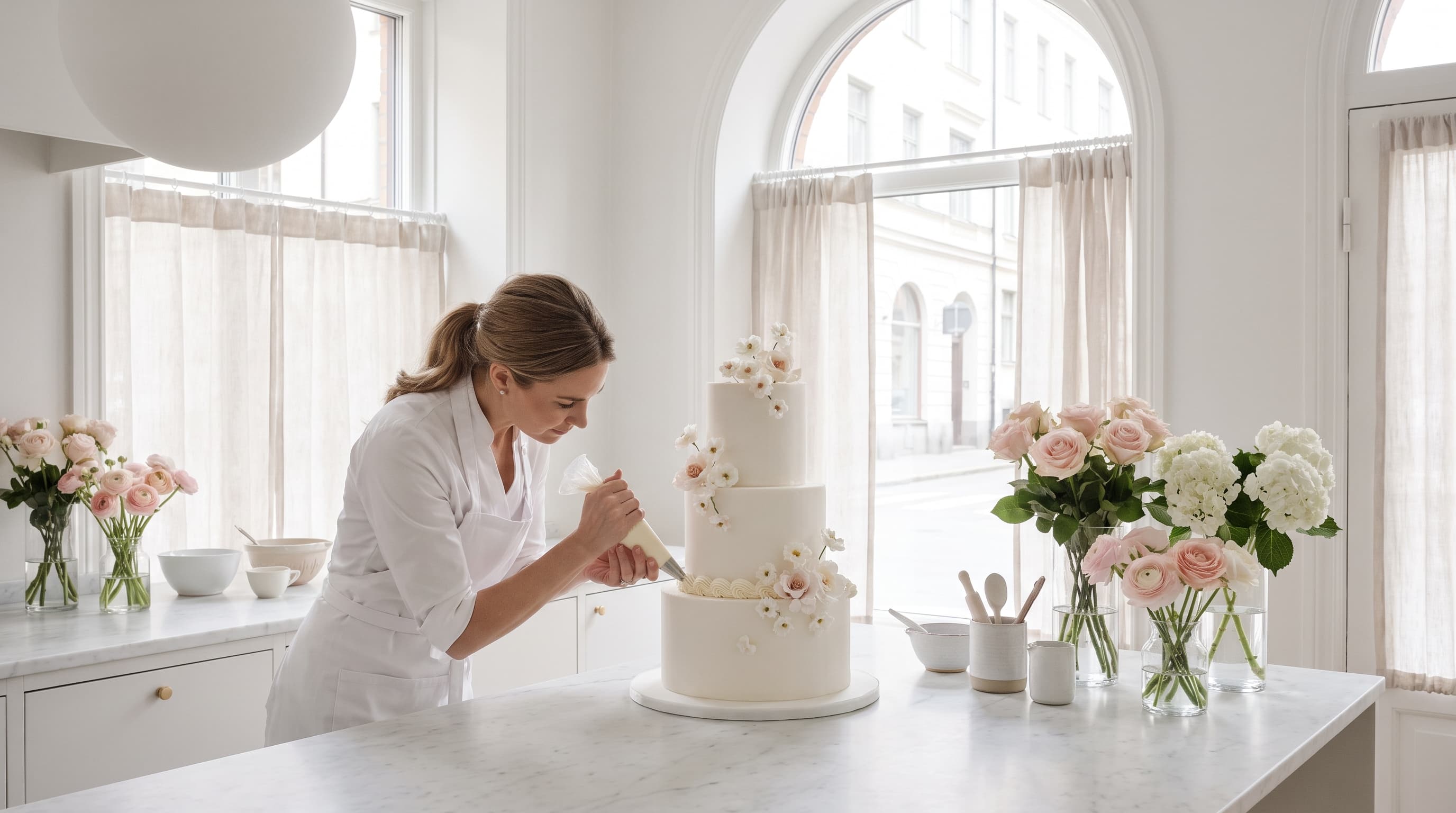 Pastry chef decorating a tiered wedding cake in a white atelier